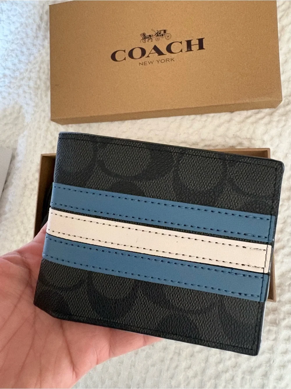 Coach Men’s Black Signature Belt & Navy/White Stripe Wallet Set N/A